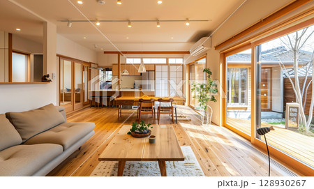 木の温もりあるリビング 128930267