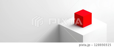 Red box sits confidently on white cube, bathed in soft light, creating minimalist and pristine scene, inviting contemplation and leaving space for interpretation 128930315