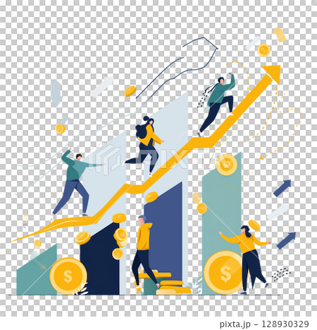 group of people climbing business graph looks optimistic and energetic as graph goes up and coins scattered around showing profit 128930329