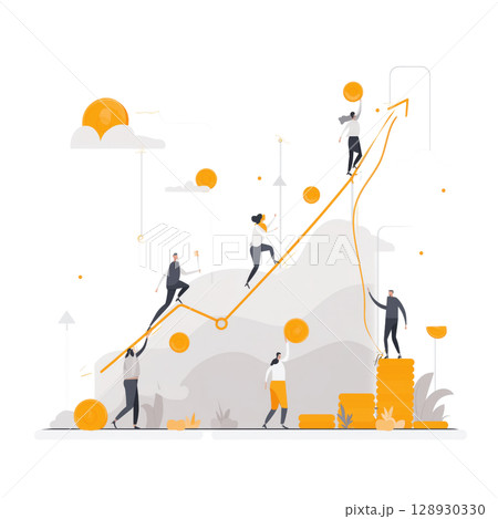 Optimistic business people work together to push graph upwards, they feel motivated and confident about company growth and success 128930330