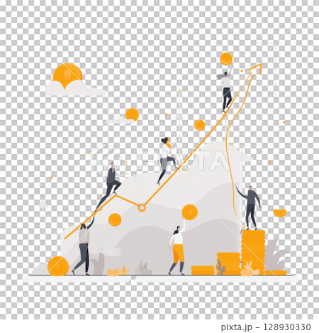 Optimistic business people work together to push graph upwards, they feel motivated and confident about company growth and success 128930330