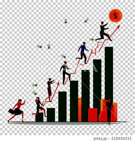 Business graph going up makes people excited, and money falling down. They are trying to reach goal of success with happy emotion 128930331