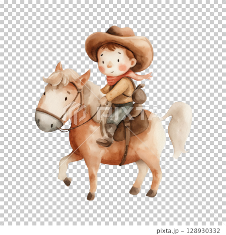 Cute cowboy ride horse watercolour illustration makes you feel carefree. vibrant scene bring sense of happiness and joyful adventure 128930332