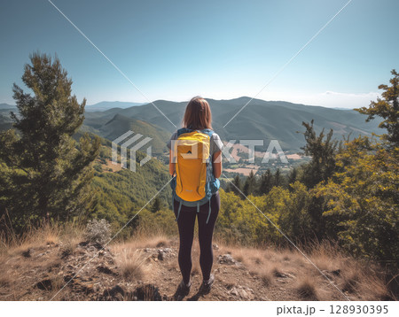 girl in hiking stands on top of hill looking at stunning view and feeling happy and free as she takes in natural beauty around her girl in hiking stands on top of hill looking at stunning view and feeling happy and free as she takes in natural beauty around her 128930395