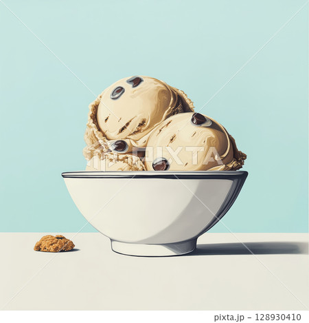 Delicious chocolate chip ice cream scoops in bowl, tempting treat. image evokes feelings of sweetness and indulgence 128930410