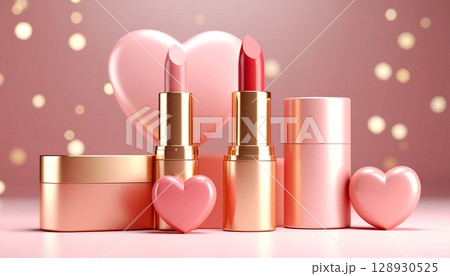 ピンク系の口紅とハートの可愛い背景 128930525