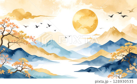 夕日と山々と鳥が飛ぶ風景 128930535
