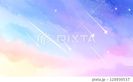 幻想的な夜空に流れる雲と流れ星のイラスト 128930537