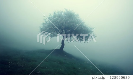 Solitary tree shrouded in ethereal mist under the serene sky view 128930689