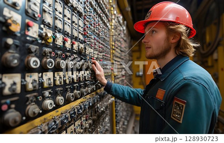 Focused engineer managing complex control panel in industrial setting 128930723