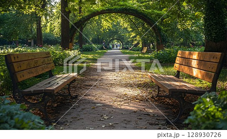 Idyllic garden path framed by archways and inviting park benches in summer 128930726