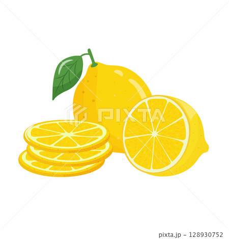 Set of yellow lemon citrus fruits with slices, whole and cut, isolated on white background. Tropical fruit sweets season. Realistic vector illustration. Set of yellow lemon citrus fruits with slices, whole and cut, isolated on white background. Tropical fruit sweets season. Realistic vector illustration. 128930752