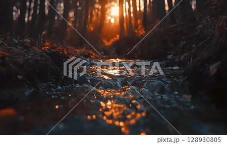 Golden hour serenity, Glimmering stream through shadowed woodland 128930805