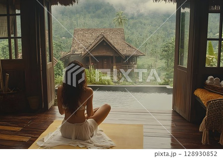 Serene woman meditating in luxurious tropical retreat overlooking lush landscape 128930852