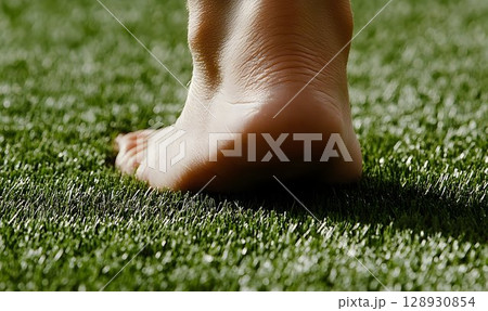 Barefoot Bliss: Sole Resting Comfortably on Lush Green Artificial Turf Surface 128930854
