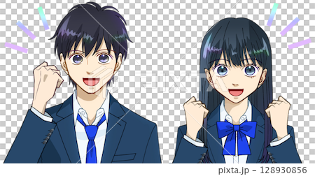 Happy, anime-style illustration of male and female high school or junior high school students making a fist pump, white background 128930856