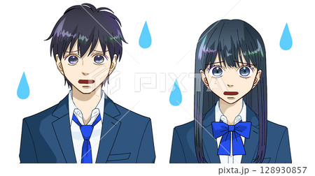 わからない、困っている高校生または中学生の男女のアニメ風イラスト、白バック 128930857