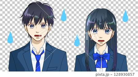 わからない、困っている高校生または中学生の男女のアニメ風イラスト、白バック 128930857