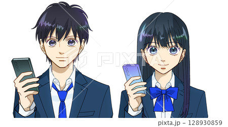 スマホを使う高校生または中学生の男女の正面アニメ風イラスト、白バック 128930859