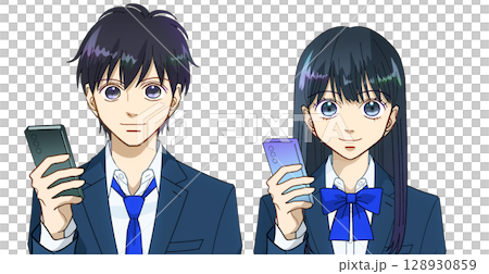 スマホを使う高校生または中学生の男女の正面アニメ風イラスト、白バック 128930859