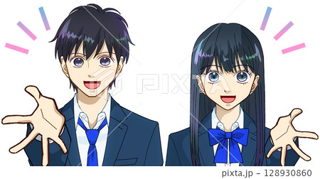 笑顔で手を差し出す高校生または中学生の男女のアニメ風イラスト、白バック 笑顔で手を差し出す高校生または中学生の男女のアニメ風イラスト、白バック 128930860