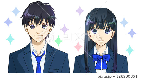 やる気と向上心に満ちた前向きな笑顔の高校生または中学生の男女のアニメ風イラスト、白バック 128930861