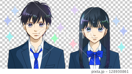 やる気と向上心に満ちた前向きな笑顔の高校生または中学生の男女のアニメ風イラスト、白バック 128930861