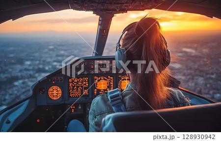 Female Pilot Navigating Airplane Cockpit at Dawn, Overlooking City 128930942