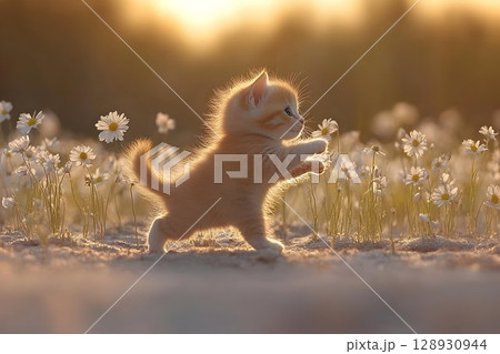 Playful kitten in a summer meadow reaches for delicate white daisies 128930944