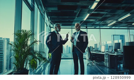 Mature Businessmen Discussing Ideas in a Modern Corporate Office Setting 128930999