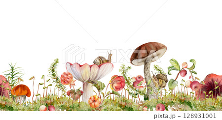 Birch bolete cep russula scaber stalk mushroom, snail, horsetail plant, cranberry lingonberry berries twigs on top of moss cushion with spore stalks. Seamless banner header hand drawn in watercolor Birch bolete cep russula scaber stalk mushroom, snail, horsetail plant, cranberry lingonberry berries twigs on top of moss cushion with spore stalks. Seamless banner header hand drawn in watercolor 128931001