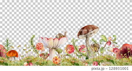 Birch bolete cep russula scaber stalk mushroom, snail, horsetail plant, cranberry lingonberry berries twigs on top of moss cushion with spore stalks. Seamless banner header hand drawn in watercolor 128931001