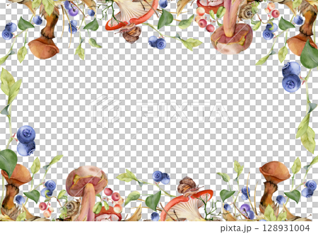 Russula webcap bolete slippery jack mushroom, snail on cap, cranberry blackberry on fallen autumn leaves pile, berries twigs. Forest floor fungi border frame hand drawn in watercolor. Label tag design Russula webcap bolete slippery jack mushroom, snail on cap, cranberry blackberry on fallen autumn leaves pile, berries twigs. Forest floor fungi border frame hand drawn in watercolor. Label tag design 128931004