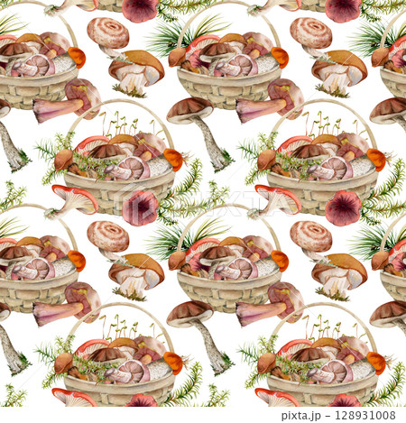 Baskets full of picked mushrooms. Seamless pattern tile hand drawn in watercolor, autumn forest harvest of bolete russula webcap milk-cap fungi with horsetail plant stalks, grass blades. Label, menu Baskets full of picked mushrooms. Seamless pattern tile hand drawn in watercolor, autumn forest harvest of bolete russula webcap milk-cap fungi with horsetail plant stalks, grass blades. Label, menu 128931008