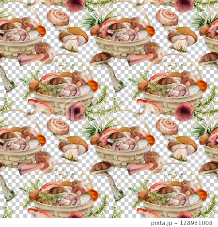 Baskets full of picked mushrooms. Seamless pattern tile hand drawn in watercolor, autumn forest harvest of bolete russula webcap milk-cap fungi with horsetail plant stalks, grass blades. Label, menu 128931008