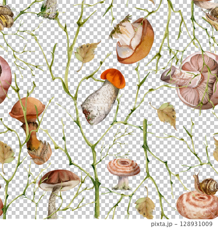 Bolete cep russula suillus milk-cap striped mushroom, fallen autumn leaves snails. Fungi nature seamless pattern hand drawn in watercolor. Brambles, twisting branches twigs. Fabric linens wallpaper Bolete cep russula suillus milk-cap striped mushroom, fallen autumn leaves snails. Fungi nature seamless pattern hand drawn in watercolor. Brambles, twisting branches twigs. Fabric linens wallpaper 128931009