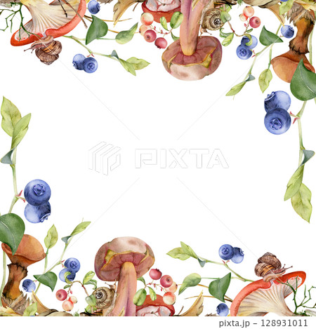 Russula webcap bolete slippery jack mushroom, snail on cap, cranberry blackberry on autumn leaves pile, berries twigs. Square border frame hand drawn in watercolor. Forest floor fungi label tag design 128931011
