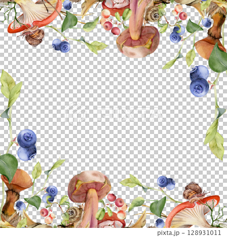 Russula webcap bolete slippery jack mushroom, snail on cap, cranberry blackberry on autumn leaves pile, berries twigs. Square border frame hand drawn in watercolor. Forest floor fungi label tag design 128931011