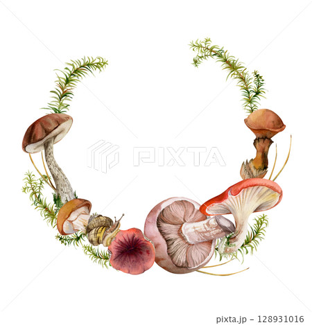 Bolete cep russula suillus mushrooms, snail, horsetail stalks, leaves twigs pine needles. Watercolor hand drawn fungi wreath frame. Autumn forest harvest. Label tag menu recipe cards, calendar element 128931016