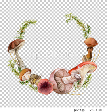 Bolete cep russula suillus mushrooms, snail, horsetail stalks, leaves twigs pine needles. Watercolor hand drawn fungi wreath frame. Autumn forest harvest. Label tag menu recipe cards, calendar element 128931016