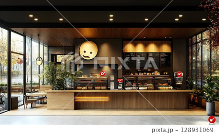 Modern Coffee Shop Interior with Inviting Atmosphere and Design 128931069