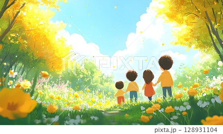 Family's serene stroll through vibrant flower meadow, under a bright, sunny sky 128931104