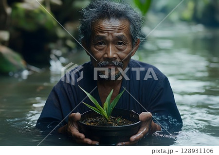 Elderly man in river holding plant pot symbolizing ecological renewal 128931106