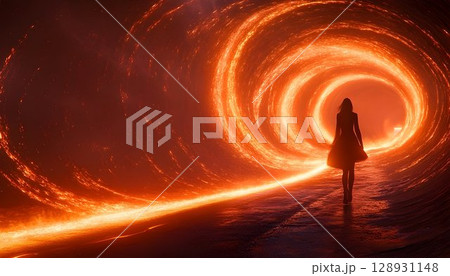 Ethereal Journey: Woman Walking Through Fiery Gateway to Unknown Realms Ethereal Journey: Woman Walking Through Fiery Gateway to Unknown Realms 128931148