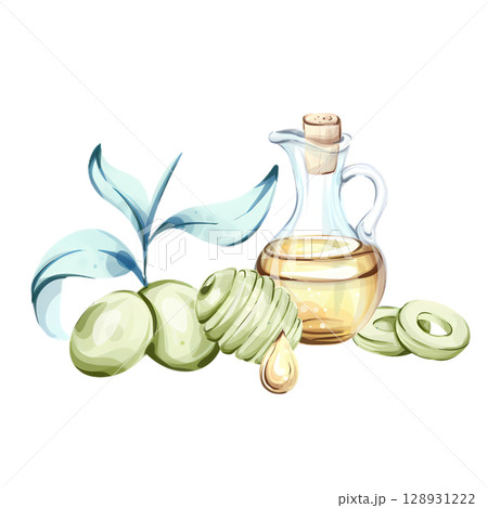 Delicate watercolor illustration of olives and olive oil inspired by Italian cuisine and nature 128931222