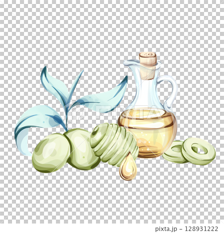 Delicate watercolor illustration of olives and olive oil inspired by Italian cuisine and nature 128931222