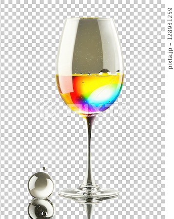 Dessert wine glass, small bowl design, floating droplets, rainbow light effects, professional studio shot Dessert wine glass, small bowl design, floating droplets, rainbow light effects, professional studio shot 128931259