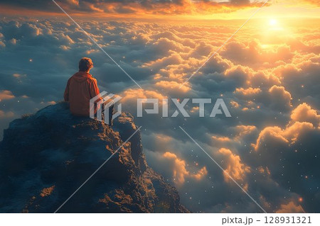 Contemplative journey: Man perched above a sea of clouds at sunset 128931321