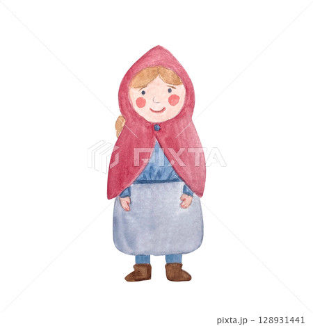 Cute little girl character in traditional clothes, red hood, hand painted in watercolor isolated on white. Perfect for childrens books, fairy tales, greeting cards, educational materials, DIY craft 128931441