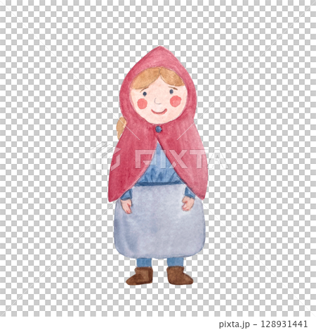 Cute little girl character in traditional clothes, red hood, hand painted in watercolor isolated on white. Perfect for childrens books, fairy tales, greeting cards, educational materials, DIY craft 128931441